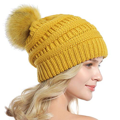 Women Knit Slouchy Beanie Chunky Baggy Hat with Faux Fur Pompom Winter Soft Warm Ski Cap - color: C7-ginger