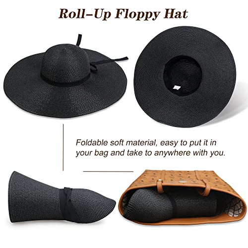 Women Wide Brim Sun Hat UPF50 Straw Summer Hat Floppy Beach Hat Roll-Up - color: Tie Black