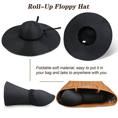 Women Wide Brim Sun Hat UPF50 Straw Summer Hat Floppy Beach Hat Roll-Up - color: Tie Black