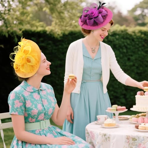 DRESHOW Fascinators Hat Flower Mesh Feathers Hat with a Headband and a Clip 7.9" Tea Party Headwear for Women - color: Folded Style 2: Deep Pink & Black / 7.9"