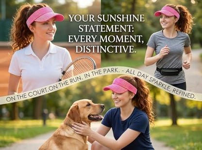 Women Shiny Rhinestone Bling Sun Visor Adjustable Tennis Beach Ponytail Hat - color: Rose Red Hat+white Rhinestone