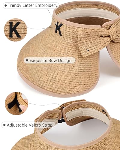 Beach Straw Sun Hat for Women, Wide Brim UV Protection Visors Hat with Ponytail Opening, Foldable Summer Travel Hat - color: Khaki - Initial K