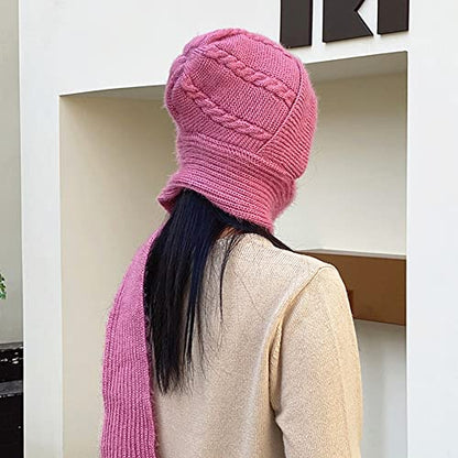 Winter Warm Elastic Soft Ear Protection Knitted Scarf Hat Fleece Lined Beanie Hat - color: H01-pink