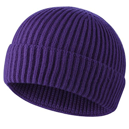ROYBENS Swag Wool Knit Cuff Short Fisherman Beanie for Men Women Winter Hat - color: 1pcs-deep Purple