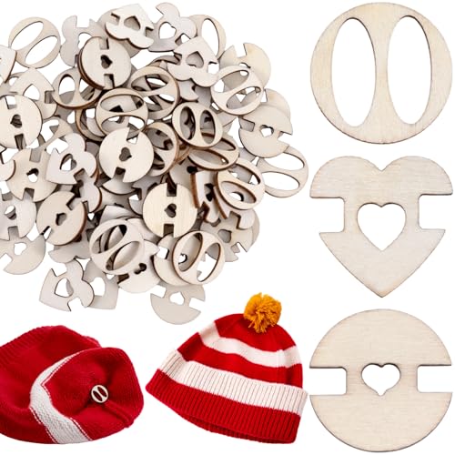 60pcs Wooden Hat Pom Poms Buttons, 3 Styles Removable Knitted Hat Button, Faux Fur Fastener Sewing Accessories for Crochet Knitting Beanies- Light Brown - color: Light Brown-3 Styles-60pcs