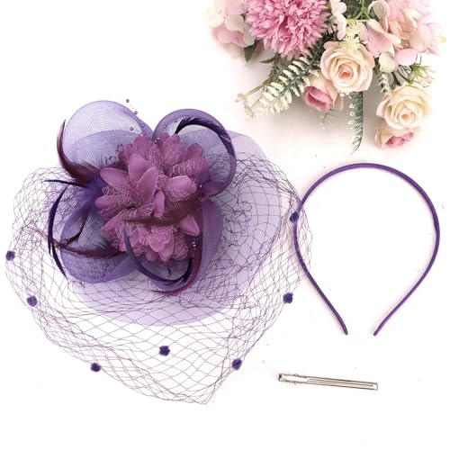 Semato Fascinators Hats for Women Mesh Feathers Elegant Purple Tea Party Kentucky Hat Derby Headband with Hair Clip - color: Purple