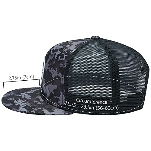 BASSDASH Flat Brim Trucker Cap Adjustable Snapback Hat Mesh Back for Men Women - color: Night Digital Camo