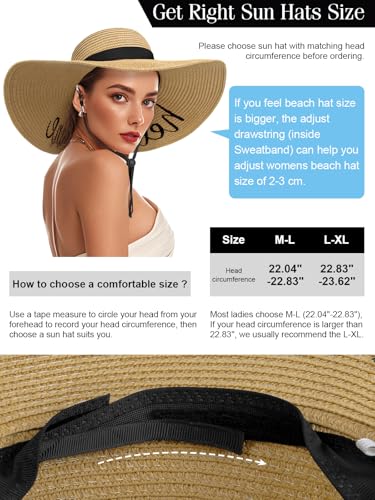 Sun Beach Straw Hats for Women, Summer Wide Brim Hat - color: Dark Khaki(hello Sunshine), size: Large