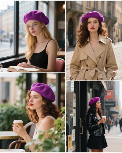French Beret Hats for Women - Wool Solid Color Beanie Cap - color: Lavender