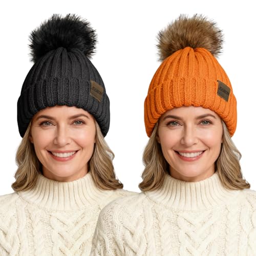 ZOORON Beanies for Womens Winter Knitted Beanies Hats with Faux Fur Pom Warm Knit Skull Cap - color: 2pack-black+orange