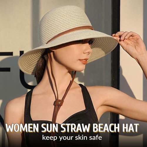 Beach Hat for Women, Wide Brim Sun Straw, UPF 50+ Foldable Floppy Sun Hat - color: B-10.5cm,beige