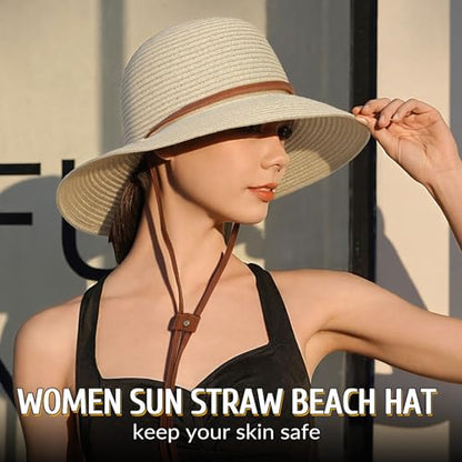 Beach Hat for Women, Wide Brim Sun Straw, UPF 50+ Foldable Floppy Sun Hat - color: B-10.5cm,beige