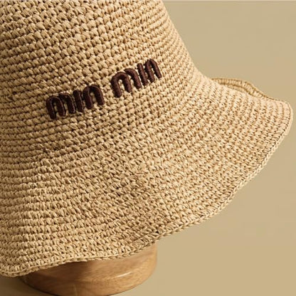 Women Straw Sun Hat Summer Beach Hats Foldable Floppy Cap Wide Brim Bucket Hat Solid Handmade Sun Protection Caps - color: Min-khaki