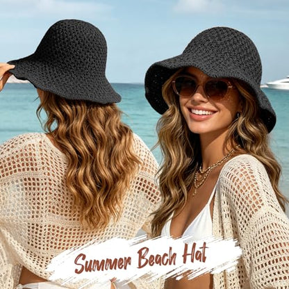 Sun Hat for Women Summer Straw Beach Hats Bucket Hat Floppy Crochet Hat - color: Black