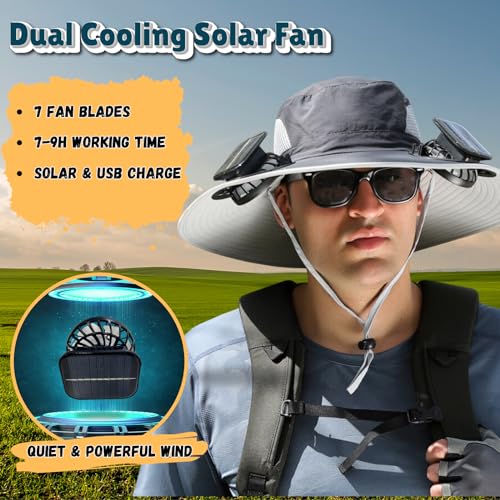 Outdoor Wide Brim Sun Hat with 2 Solar Fan Sun Bucket Hat for Men Women UPF 50+ Bucket Fishing & Beach Hat with Fan Built in - color: Dark Gray