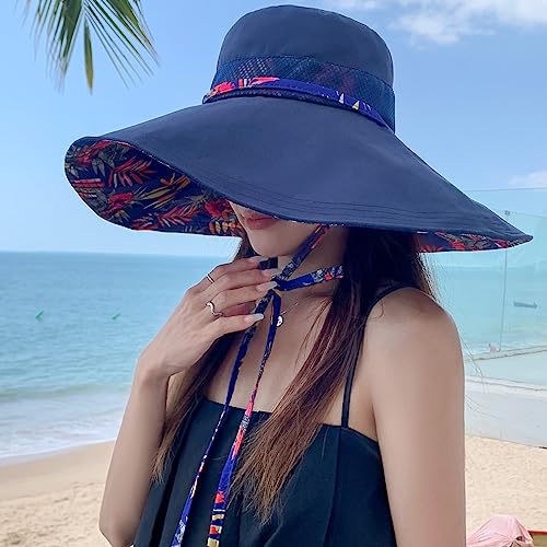 6" Extra Wide Brim Sun Hats UPF 50+ UV Protection Packable Beach Hat Strap Women - color: Navy