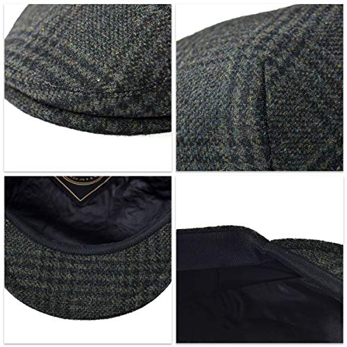 FEINION Men's Wool Tweed Newsboy Ivy Cap Gatsby Golf Flat Hat - color: Plaid Green, size: 7 1/4