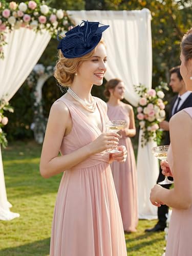 Women Fascinators Hats Tea Party Headband Hair Clip Feathers Hat for Wedding Cocktail Party - color: Navy