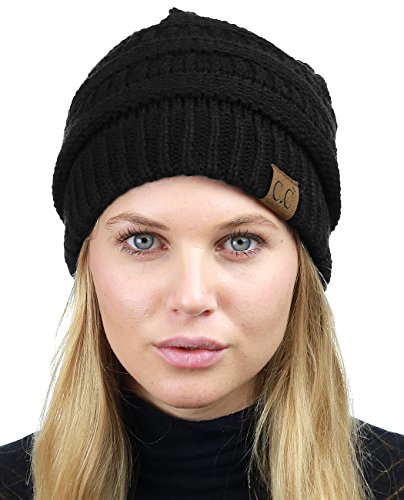 C.C Unisex Chunky Soft Stretch Cable Knit Warm Fuzzy Lined Skully Beanie - color: Black