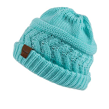 Rosoz 2 Pack Ponytail Beanie for Women,Winter Warm Beanie Tail Soft Stretch Cable Knit Messy High Bun Hat - color: 2pack-black/Lake Blue