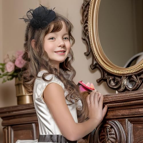 Zinniday Girls Mini Fascinator Hat - Black Top Hats with Veil for Little Girl Tea Party, Fascinators for Birthday High Tea Headwear Decoration - color: Black