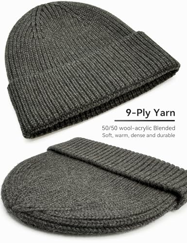 vidsel 50% Wool Thick Beanie Hat Men Women, Seamless Cuffed Winter Knit Cap - color: 1pcs Dark Grey