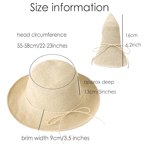 Womens Summer Straw Beach Sun Hats Packable Foldable Bucket - color: Khaki