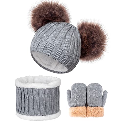 Kids Winter Beanie Scarf Gloves Set - Thermal Fleece Lined Knit Hat, Soft Neck Warmer & Mittens for Girls & Boys 1-10 Years - color: Grey-s, size: 1-5 years