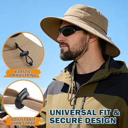 Men's UPF 50+ Waterproof Wide Brim Boonie Hat, Sun & Rain Protection - color: Camel (No Waterproof)