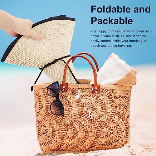 AQOKKA Beach Hats for Women Men Big Straw Wide Brim Summer Hat Floppy Foldable Roll up Cap for Beach Outdoor UPF 50+ - color: 1 Pack: String Tie Beige