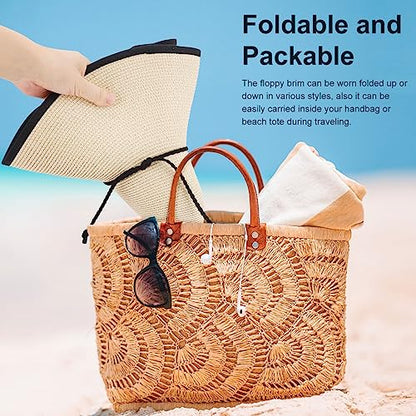 AQOKKA Beach Hats for Women Men Big Straw Wide Brim Summer Hat Floppy Foldable Roll up Cap for Beach Outdoor UPF 50+ - color: 1 Pack: String Tie Beige