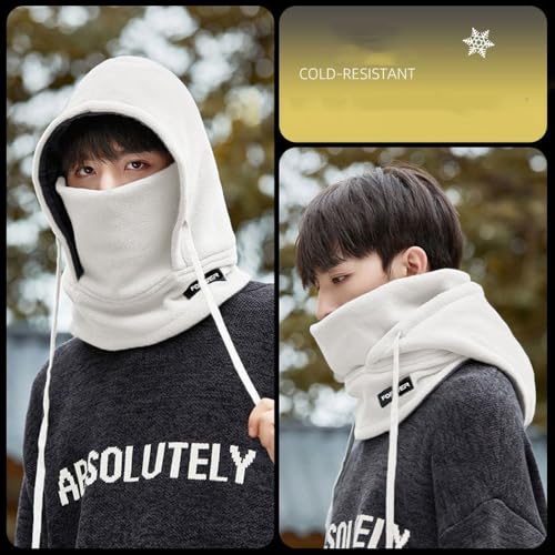 Winter Fleece Ski Mask for Men Women Balaclava Face Mask Windproof Thermal Hood Winter Full Face Neck Cover Warmer - color: Beige White Logo