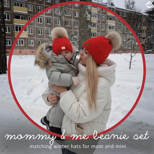 Funky Junque Mommy & Me Pom Pom Beanies Set – Infant Baby & Mom Matching Winter Outfits, Warm Newborn & Women's Beanie Hats - color: Diagonal Basketweave - Red