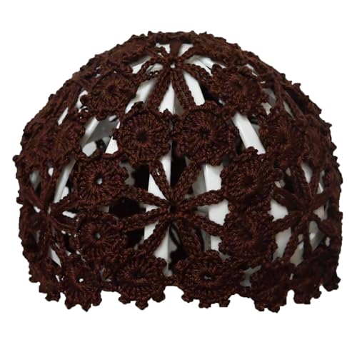 Women Lace Crochet Beanie Hat Handmade Knitted Cutout Floral Skull Cap - color: Coffee