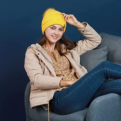 REDESS Women Winter Pom Pom Beanie Hat with Warm Fleece Lined - color: Beige