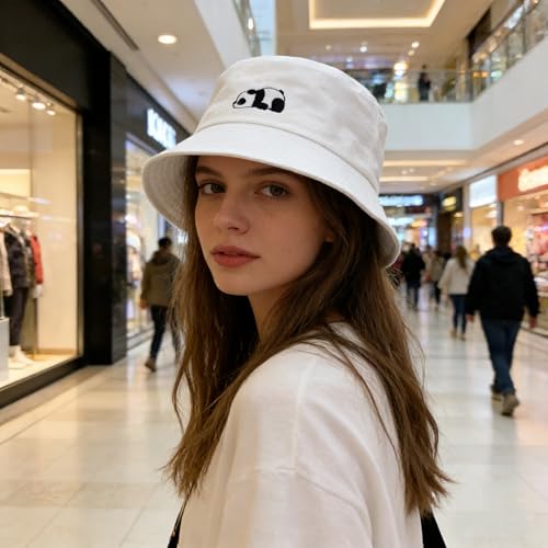 Cotton Bucket Hat for Women Men Summer Travel Sun Beach Bucket Cap, Unisex Outdoor Fisherman Hat - color: Panda White
