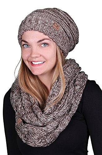 Funky Junque Slouchy Beanie & Infinity Scarf Gift Set – Matching Winter Accessories Sets for Women, Oversized Hat and Scarves - color: An Espresso Brown Tricolor Mix