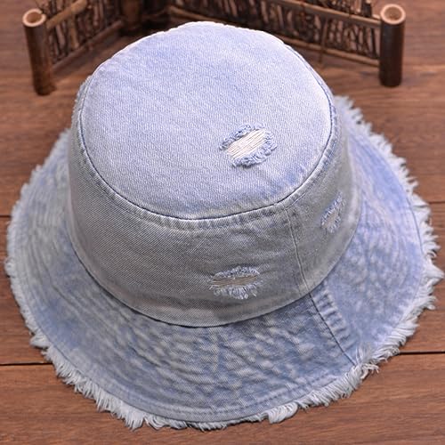 Cotton Denim Distressed Bucket Hat, Sun Hat, Hat for Men and Women - color: Blusa