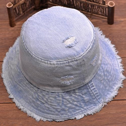 Cotton Denim Distressed Bucket Hat, Sun Hat, Hat for Men and Women - color: Blusa