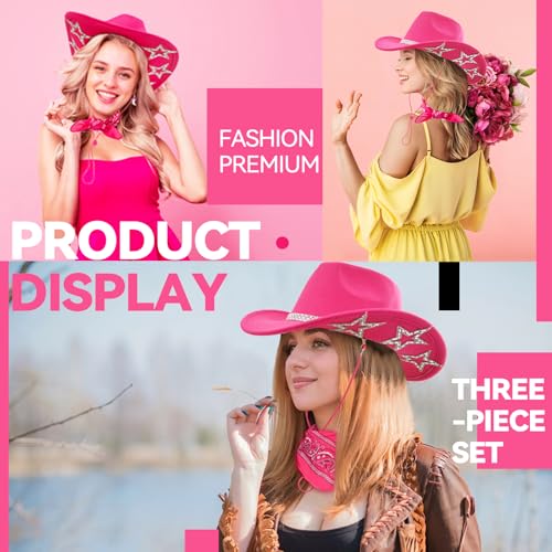 SHENYI Cowgirl Hat and Bandana and Heart Sunglasses Glitter Rhinestone Star Cowboy Hat Western Sparkly Hats for Women Men - color: Cowgirl Hot Pink