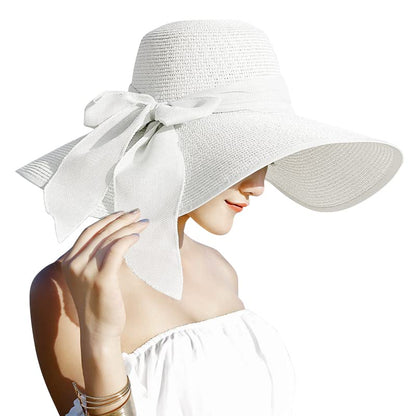 Lanzom Womens 5.7 Inches Big Bowknot Straw Hat Large Floppy Foldable Roll up Beach Cap Sun Hat UPF 50+ - color: White