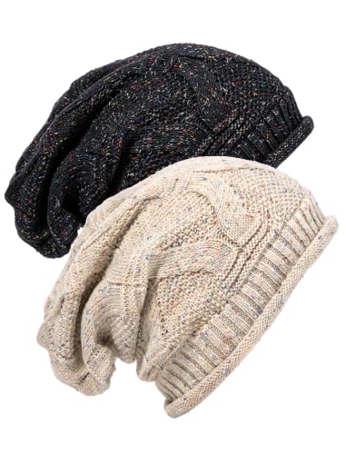 Senker Fashion 2 Pack Winter Beanie Hats for Women, Womens Slouchy Beanies - color: Mixed Beige Mixed Black
