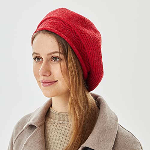 FENELY Beret Hat for Women, French Style Beanie Winter Fashion Warm Thickened Lining Knit Cap - color: Red