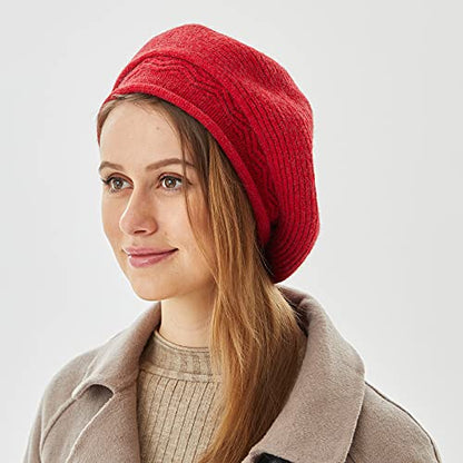 FENELY Beret Hat for Women, French Style Beanie Winter Fashion Warm Thickened Lining Knit Cap - color: Red