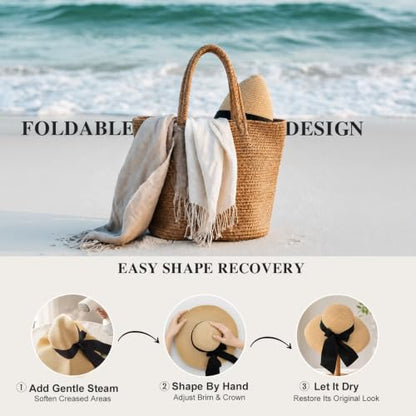 Surblue Women's Beach Straw Hat, Wide Brim Sun Hat with Black Bow - color: Khaki