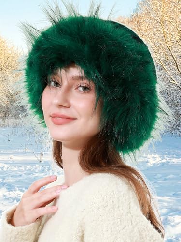 sy soul young Women's Leopard Faux Fur Hats Fluffy Bucket Hat Russian Style - color: Leopard Green