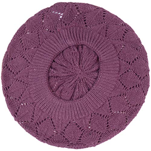 an Womens Lightweight Cut Out Knit Beanie Beret Cap Crochet Hat - Many Styles - color: 2681purple