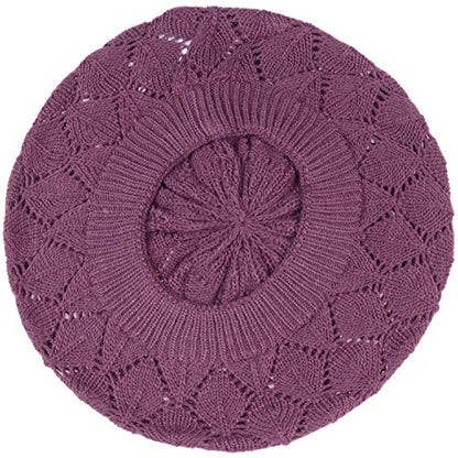 an Womens Lightweight Cut Out Knit Beanie Beret Cap Crochet Hat - Many Styles - color: 2681purple