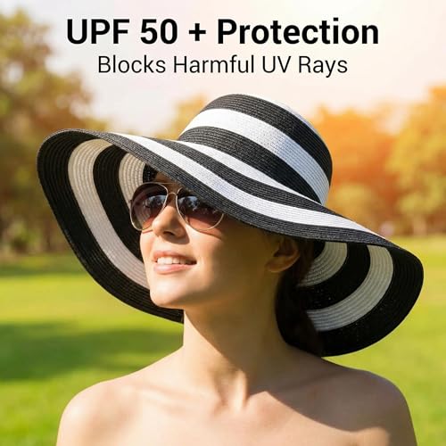 Women's Beachwear Sun Hat Black and White Striped Straw Hat Floppy Beach Hat Foldable Wide Brim Cap