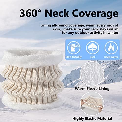 3 Pcs Women Winter Knit Beanie Hat Scarf Touchscreen Gloves Set Warm Soft Thick Fleece Lined Skull Cap with Double Pom Pom - color: Beige